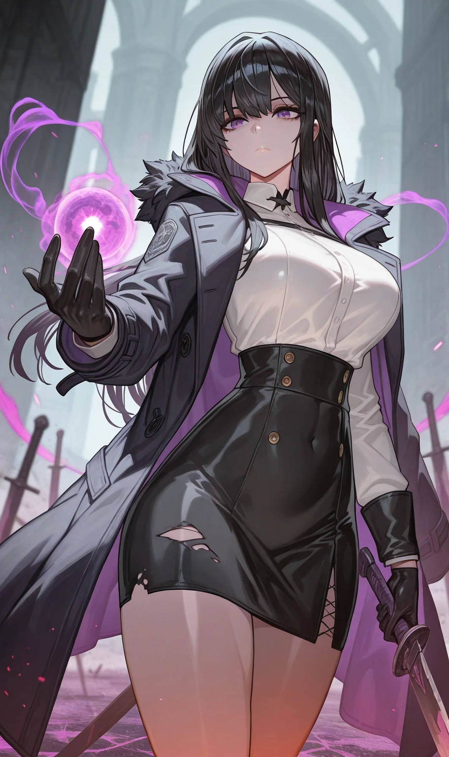 a closeup of a beautiful woman in a miniskirt, boots, black stockings and great cleavage, background with clouds and lightning, juri misaki, character from king of fighters, badass pose, misato katsuragi, juri han from street fighter, female action anime girl , as a character in Tekken, threatening pose, shermie, advanced digital anime art, lightning goddess style, king of fighters, perfect hands, detailed face, high quality image, sharp, hd, clarity of lights and shadows, full body , beautiful body,