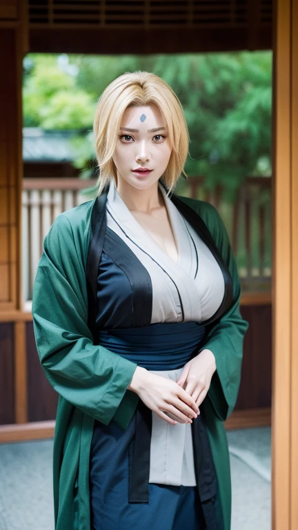 Tsunade Senju, Bela, masterpiece, extremely detaild, best qualityer, best ilumination, best shade, face perfect, shiny brown eyes, blue mark on forehead, wearing a gray kimono with a red belt and a green jacket, 1 girl, big boobies, big-ass, leaning forward looking at the viewer, em konoha,