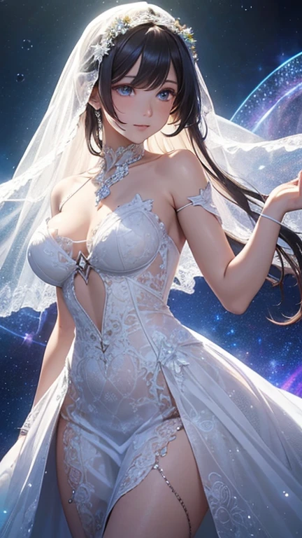 ((masterpiece, best quality)), Delicate face,Character Design Sheet,dancer,whole body,Standing picture,Long legs,Large Breasts,Gradient long wavy hair,Perfect body proportions,beautiful eyes,Extremely beautiful,transparent, Pure white background,Water Ripples,veil,Sexy Lingerie,Lace,Garter