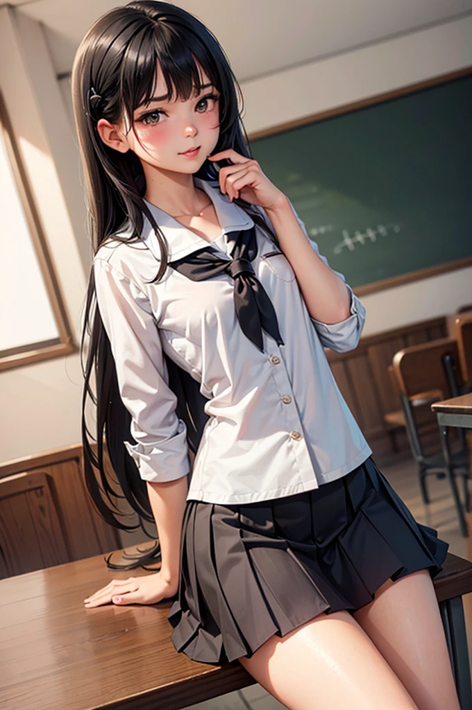 A masterpiece、beste-Quality、Ultra-detailded、Realstic、hyper detailled、(perfect anatomy)、1girl、solo、black hair、ahoge、blue eyes、slender body、((small tits))、((small buttocks))、Embarrassed blush、gleaming skin、(transparent polyvinylidene chloride)、(((Sheer)))、((see-through school uniform)、(see-through plaid skirt)、red bowtie)、(see-through thighhighs)