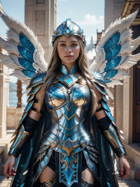 Photorealistic image ((Masterpiece)), ((high quality)) UHD 8K, of a real Viking goddess FREIYA, beautiful, slim, full body, (freckles on face), (long blonde hair), (blue eyes), (((Hyper-realistic full armor, with ivory-white metal and intricate details))), (((helmet with large wings))), ((long feather cape)), (in guardian position, in Asgard), Photo realistic, natural lighting, professional DSLR camera