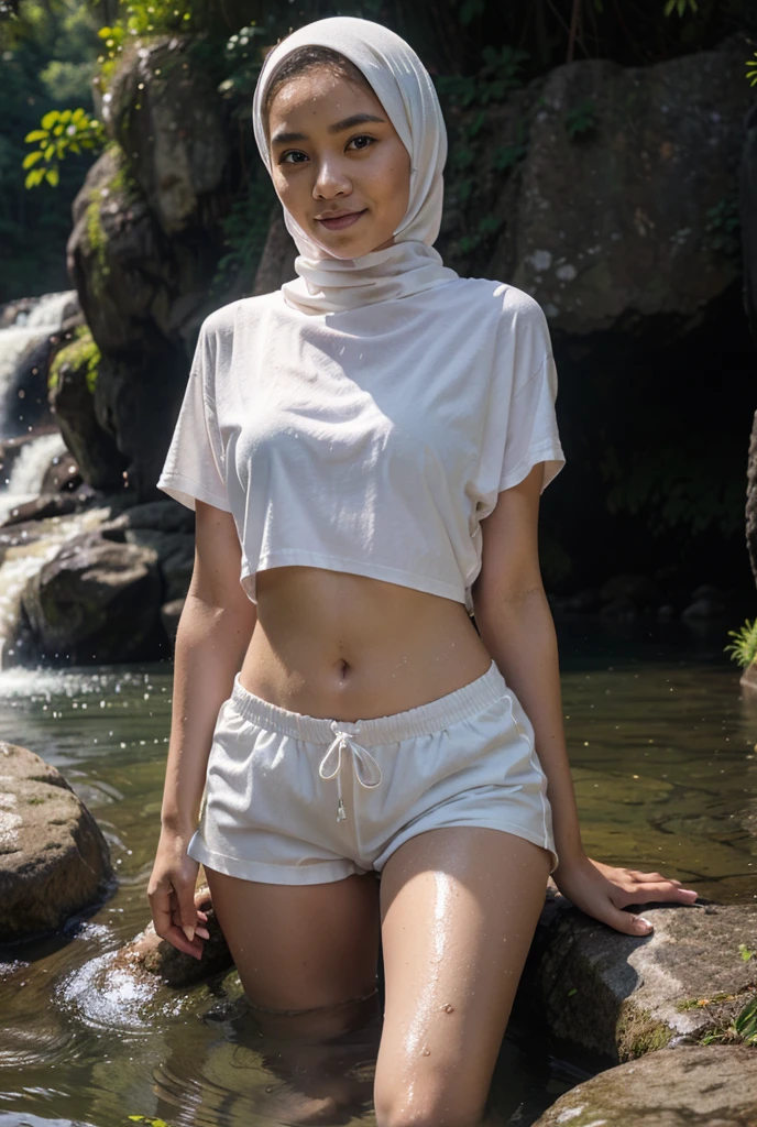 best quality, high resolution, 1 girl, young beautiful Malay woman in hijab, wearing light blue hijab, soft smile, stand straight, wearing cream color laced panties, wearing see-through cream color mini skirt, no garter belt, wearing cream color laced bra, photorealistic, realistic, small breasts, smiling, full body, smiling, breezy, skin details, skin texture details, tiny and skinny body, flat-chested, morning time, smiling, happy, bright sunshine, standing in the woods, blurred background, bokeh, wet body, wet clothes