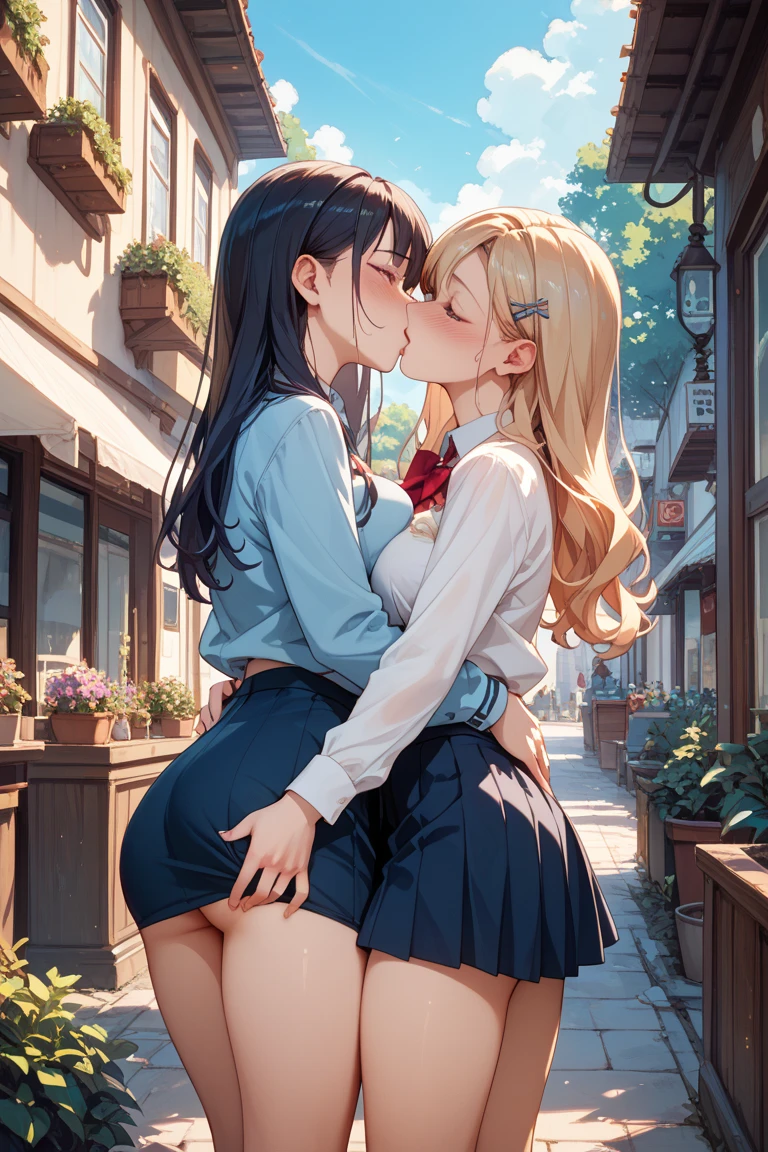 of two gyaru girls, around the age of 16, hugging each other while kissing.  girl are wearing bra. the girls have big ass and big breasts. girls are gyarus. dark skin. girl are wearing thong. skirt. (school uniform),
Both girls are standing in a school classroom, both girls are groping each others butt, (hand on butt)
There is a blackboard and clock on the wall.
and desks and chairs are lined up,
There is a large window with a view of the residential area outside They are embracing each other tightly, with their foreheads touching and They are (kissing passionately). The atmosphere is lustful and slutty.
"((by joydivision)) (by satou kuuki), ((deep kiss)), (lesbians), (grabbing butt), size difference, leaning into each other, 
depth of field,

Open window with city view
NSFW((Blue sky and realistic clouds outside the window)), (left girl is a tall blonde (gyaru) with tan skin and short asymmetric sporty hair), ((kissing)), (right girl is a honor student with fair skin and long black hair), closed eyes, higschool students, 