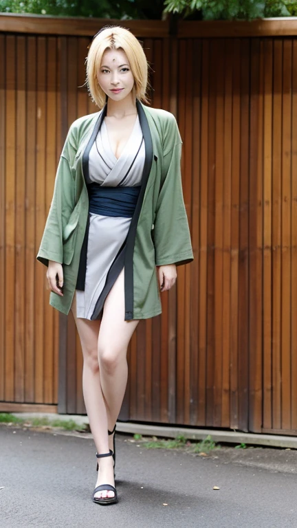 (masterpiece, best quality: 1.2), solo, 1girl, tsunadedef, forehead mark, big breasts, big cleavage, smile, looking at the viewer, hands on hips, japanese dress, green haori, gray kimono, sash, pants, realistic  , real
