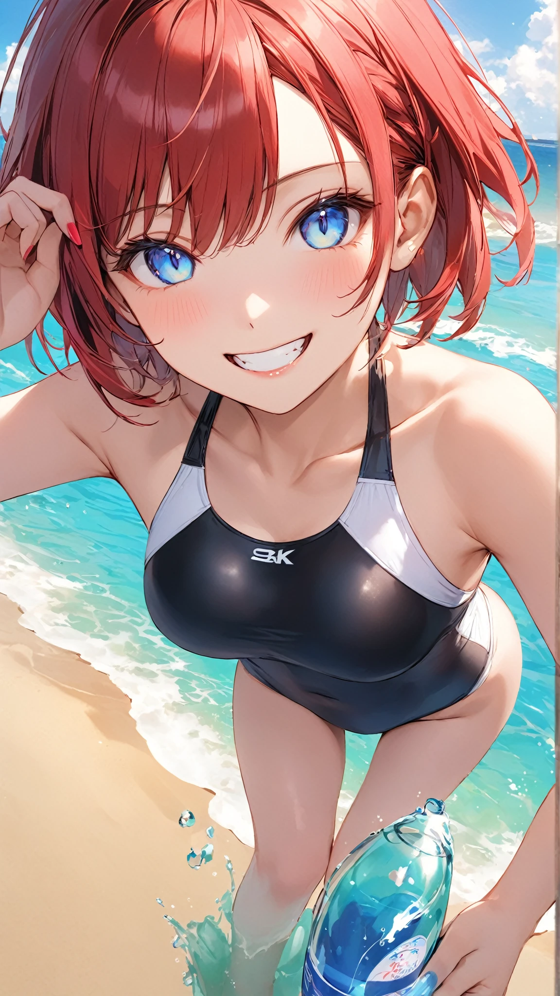 (8k, 4k, Masterpiece, Ultra quality, Ultra detail, HDR, Anime, Brighter colors), (1girl, Kitsune ears, Cherry-red hair, medium hair, Bangs over one eye, Tied hair, Blush,smiling, breasts, (one-piece swimsuit, thigh highs), Standing , Hands behind back
