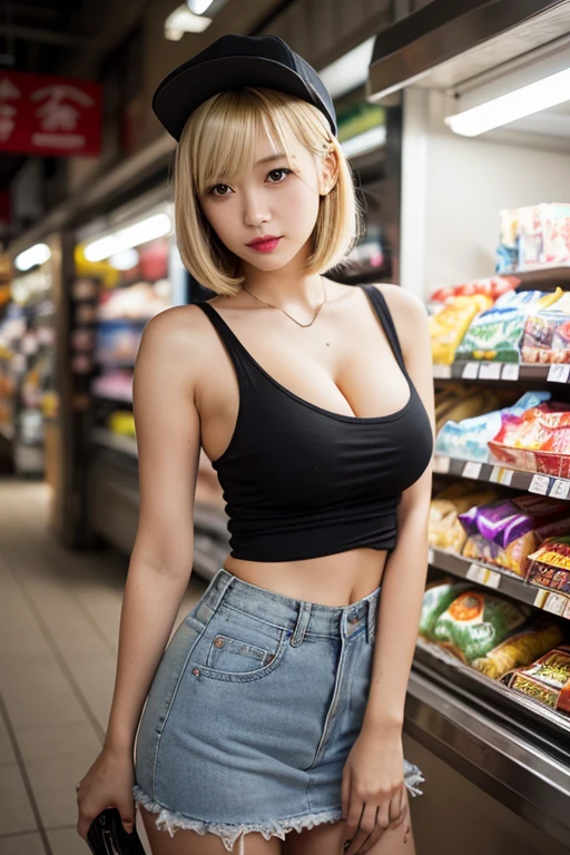 masterpiece, best quality, ultra quality, high quality, realistic, photo realistic,,natural lighting,(cinematic lighting:1.4),RAW photo, hyper detailed, intricate detailed, perfect anatomy, Fujifilm XT3, BREAK 1girl,Japanese,(slender abs:1.3),large hip,(camel toe:1.2),(Blonde short pixie hair over one eye:1.2), (leaning forward:1.4),(smile),(blushing:1.3),teary eyes,(denim shorts), BREAK (downblouse:1.3), BREAK (wearing white loose t-shirt),(no bra,visible nipples:1.2),(breast focus), (looking at the floor),( looking to the side),( looking at another:1.4),(pale color realistic nipples), BREAK (in super market:1.5),(indoor),(shopping cart),( stacking supermarket shelves), (mideum shot), ,from front, standing,