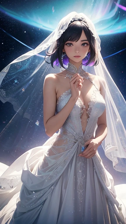 High resolution, masterpiece, necessary, anatomically correct, The best quality, detail, HD Model, high quality, A woman. Pale skin, plump pink lips, slim, medium breasts, cintura pequena, cabello castano claro, pixie cut hair, short hair, wavy hair, Goddess, vestido blanco de cuello alto elegant, elegant, standing, long white veil, velo elegant con detalles dorados, Greek Gods theme, alone, starry background, bright halo, hands together. white eyes without pupils, without iris,n