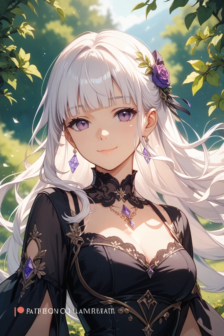portrait, solo, 1girl, :3, light purple hair, bronze eyes, haute couture garments, beautiful detailed face, sunbeam, outdoors, <lora:pako_(pakosun)_style_v01:1>