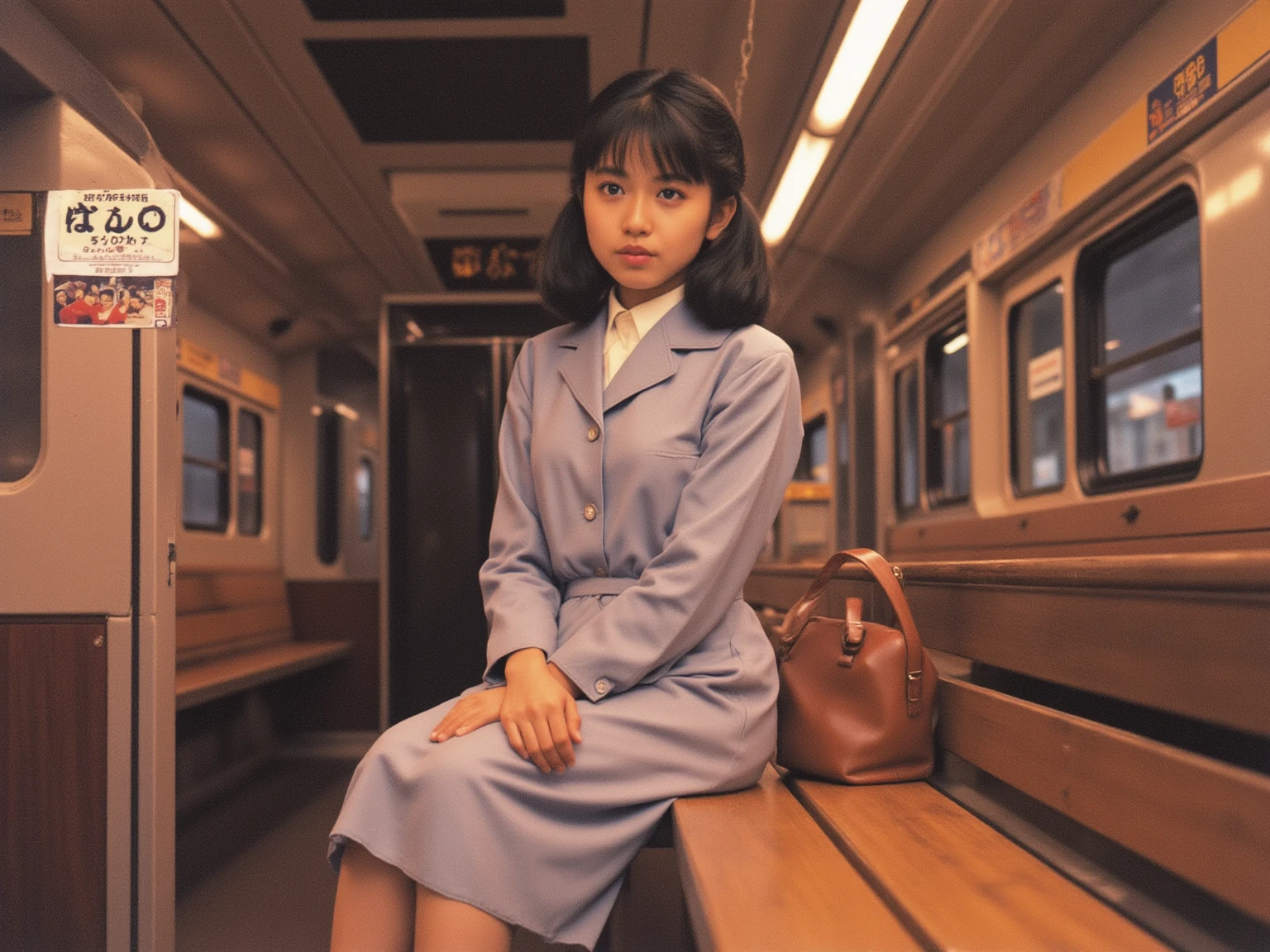 Subway, Showa era, woman in retro uniform, brown bag, wooden bench, old advertising poster, faint fluorescent light, dark brown interior, sooty ceiling, sound of train passing by, nostalgia, sepia tone, old Japan, time travel, nostalgia