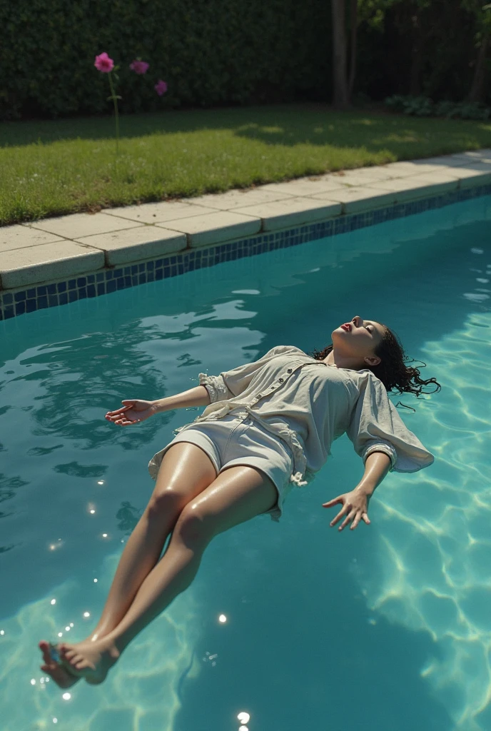 woman in a blue bikini laying on a purple inflatable raft, dramatic floating pose, sitting in the pool, relaxed pose, sit on the edge of swimming pool, she is laying on her back, floating in a powerful zen state, sitting at the edge of pool, female floating, elegant floating pose, in a jumping float pose, bottom angle, lara croft relaxing