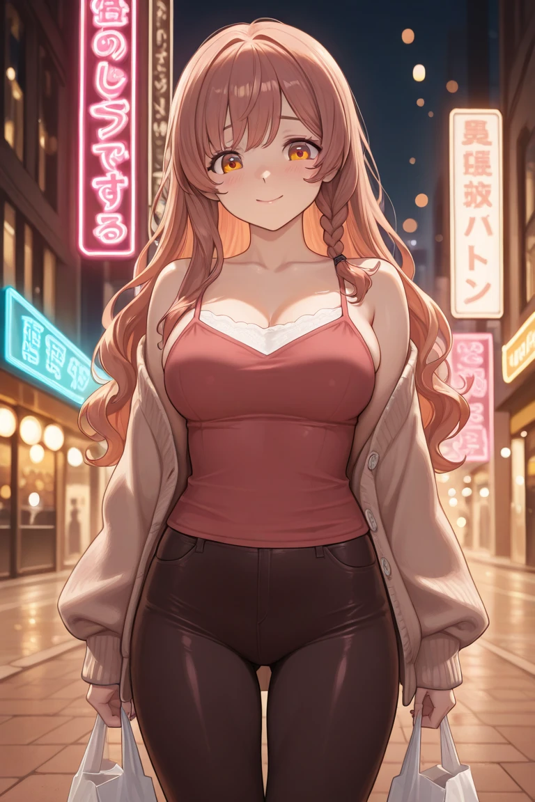 A beautiful mixed anime girl with long curly mixed girl hair, wearing a tiny white bra with her big saggy boobs, wearing waist high booty shorts, posing under a neon sign, ultra realistic with curvy features and stretch marks and body imperfections on her, with very saggy and big leg thighs