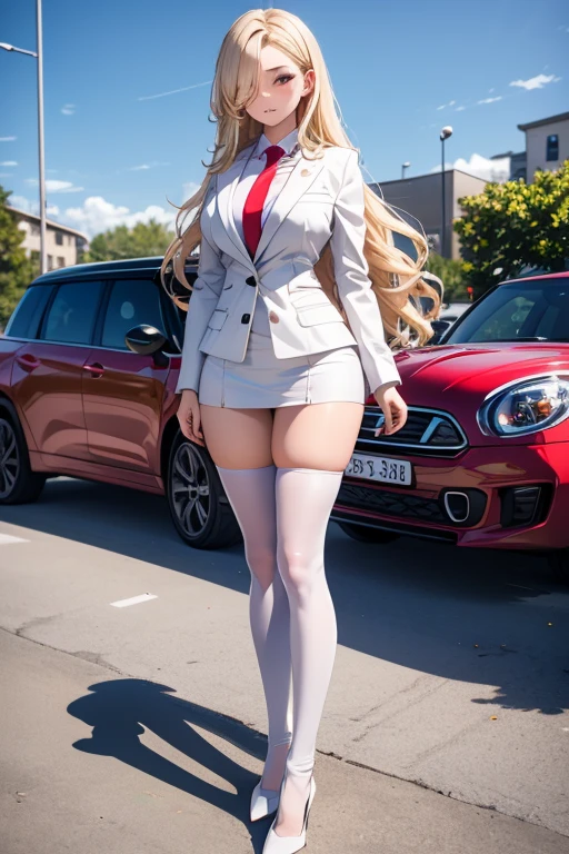 (8k, RAW photo, best quality, masterpiece:1.2), (realistic:1.3), (photorealistic:1.3), ultra-detailed, (high detailed skin:1.2), 8k uhd, dslr, soft lighting, high quality, film grain, Fujifilm XT3, best quality, beautiful lighting, 1girl, long hair, side_swept_hair, ((pink hair)), pink eyes, normal ears, smug, full body, medium breasts, exposed cleavage, outdoor, city, posing, night, thick thighs, nice legs, beautiful legs, shiny legs, teasing with legs, mini black leather skirt, white shirt, open shirt, business woman, white shirt, tie, walking
