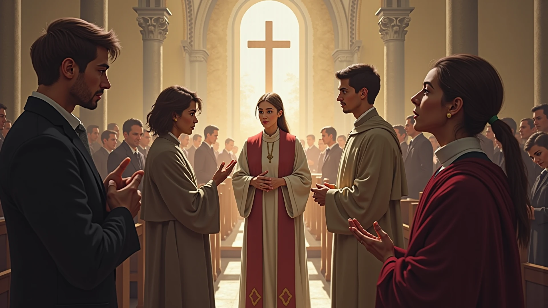 An environment where 5 people can be found, being a priest, uma freira, a house of married men and women and a consecrated lay person, in normal clothes carrying a rosary in his hand. Everyone very happy and interacting with each other