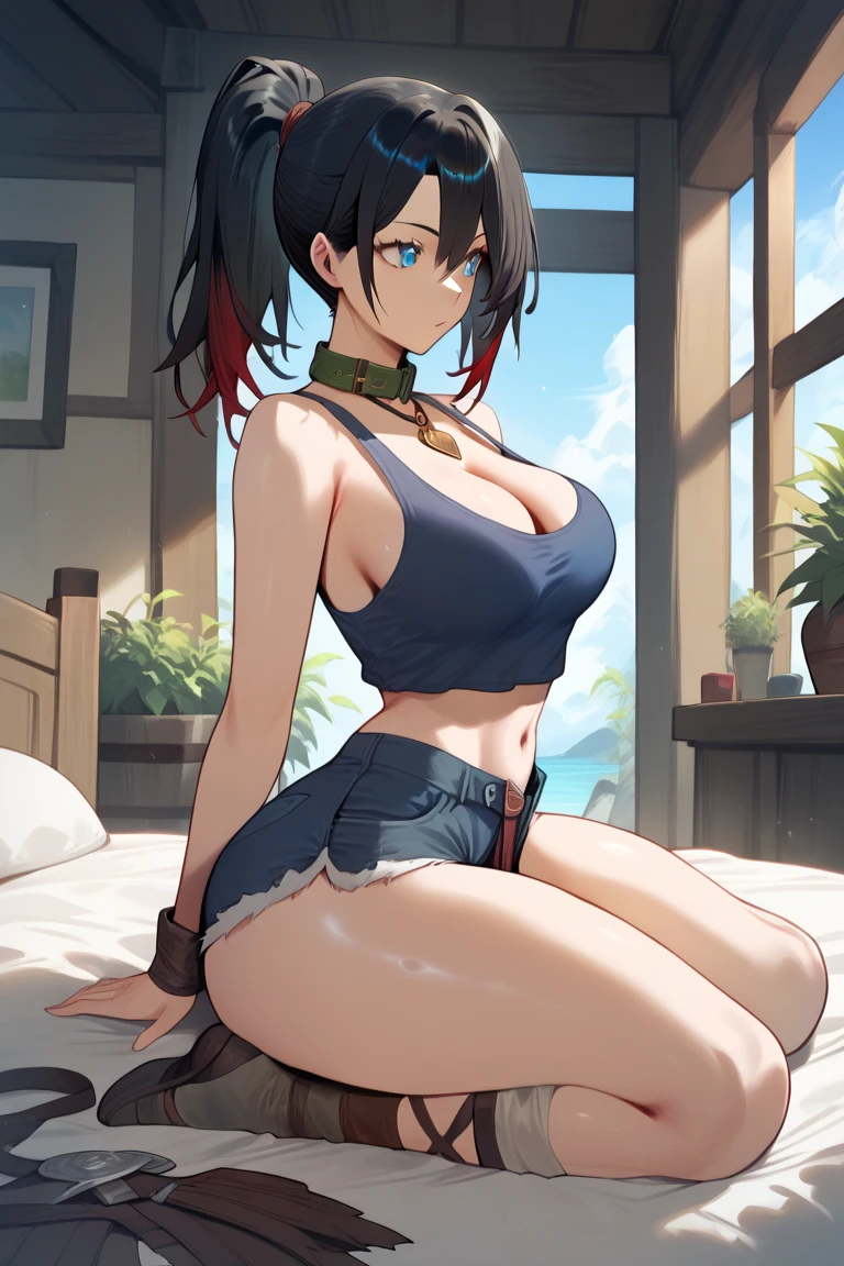 girl crying, short hair, perfect hands, perfect fingers, perfect body, sensual cleavage, medium breasts, red shirt, wearing tight white shorts, sexy shorts, Ultra HD, 4k image, best image quality, (fidelity: 1.4), photoreal , light green eyes, eyelashes, beautiful pupil, shadows, slight blush, delicate facial features, reasonable facial features, exposed waist, natural poses