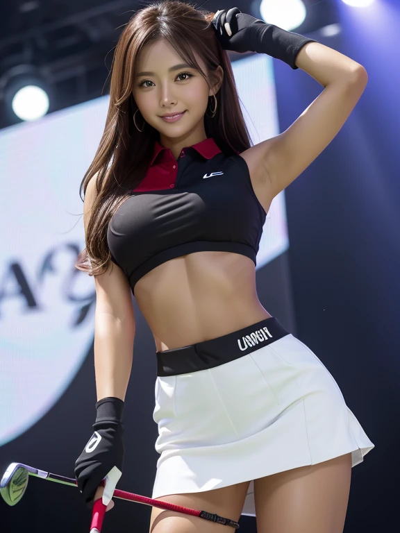 Spread your legs、Lacy black underwear、Focused on the crotch, cotton,Very detailed CG Unity 8k 壁紙, Highest quality, Very detailed, Tabletop, Realistic, Like the picture, Very detailed美しい女性, 25-year-old woman,the body is slim,(Tight golf wear) , (golf mini skirt) , (Wearing golf gloves)、 Dark brown long hair、 ((bangs)),Round eyes,  Big eyes、((The shape of the nipples is visible even through clothing))、Realistic female hands,  blush, smile, Release your lips, Full Body Shot, ((Golf wear that fits your body))、Golf course、Stand upright、Random Face,smile,,