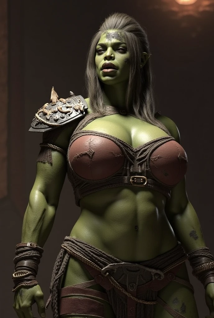 Young orc woman (big fangs), female orc, (green skin) , fearsome, dirty clothes and hair, wool and fur clothes, topless, saggy breasts, skin imperfections, bone jewelry, forest background, natural lighting, tribal tattoos, muscular, big body, highly detailed, 4k, photorealistic, dramatic lighting, cinematic, fantasy art, ultra high quality, sharp Focus, orczor