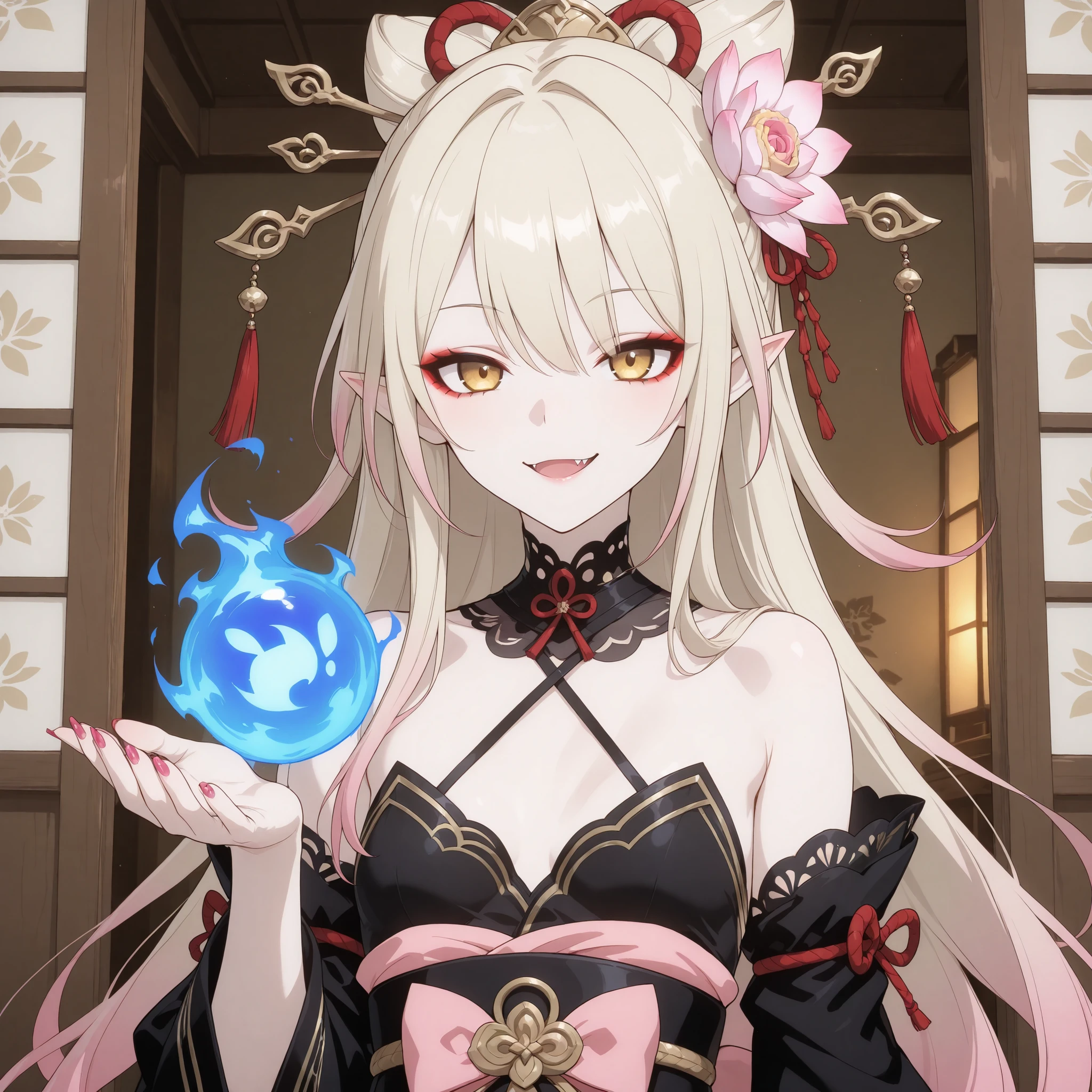 pale-blonde hair, Beautiful, Long Hair, (Rose gradient on hair), Golden Eyes black kimono, cheeky, hair ribbon, alluring, fang, cunning, sly , sexy expression, mature, eyeliner, pale hair,detached sleeves kimono, flowy hair, japanese house background, cherry pink Stiletto nails, pale skin, pink lotus flower on hair, small breast, long kimono, pointy ears, holding blue fireball on hands, fire manipulation, sexy smile