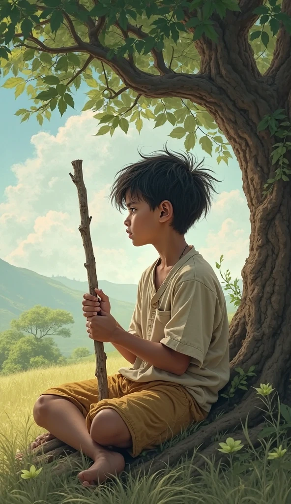 Ram, a young man with a kind and honest expression, is seen digging near an ancient tree whose roots extend into the water,