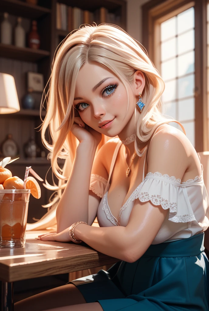 top-quality、Top image quality、​masterpiece、girl with((18year old、Maid clothes with open chest、Best Bust、Bust 85、a blond、Longhaire、Blue eyes、open chest wide、Valley、Happiness、Black wristband on wrist、A slender、耳Nipple Ring、The wind blows,holding coffee cup、close to viewer、Face-to-face with your audience、Take a seat、Cheek cane)）hiquality、visualart、Background with((Night Coffee Shop、Counter seats、Coffee maker))、The table(menu、Coffee Cups Coffee Cups、Sugar Bottle、Milk),masutepiece、cleavage, smirk