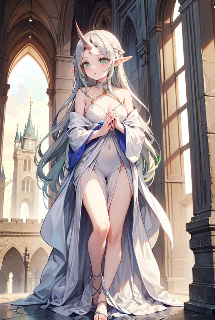 Ultra HD、High resolution、distinct、Elf、Beautiful blue eyes、Beautiful braided hair、Completely naked、White and beautiful skin、Big Breasts、Small areola、Small nipples、hairless labia、