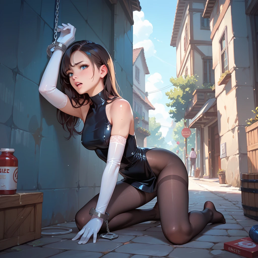 1girl, cute Nordic , nine years old, A 9-year-old brunette girl,p*s*y_outline and nipple_outline, flat chest,Wearing chains and bondage,Handcuffs on their hands,The feet are fully shackles,Eight inside both feet,and hold your head in your hands,Kneeling on an iron bed in a single cell,Very melancholy look, dirty basement with matress on ground background, contoured chest, hand on handlebar, mounted on top of motorcycle, riding Harley-Davidson, Iron 883 model, all black, matte black detail, K original photo, best quality, masterpiece, super high resolution, natural skin texture, realistic eye and face details, realistic, looking at the audience, Dark forest, outdoors, photos. 1man in a suit standing behind the girl in background