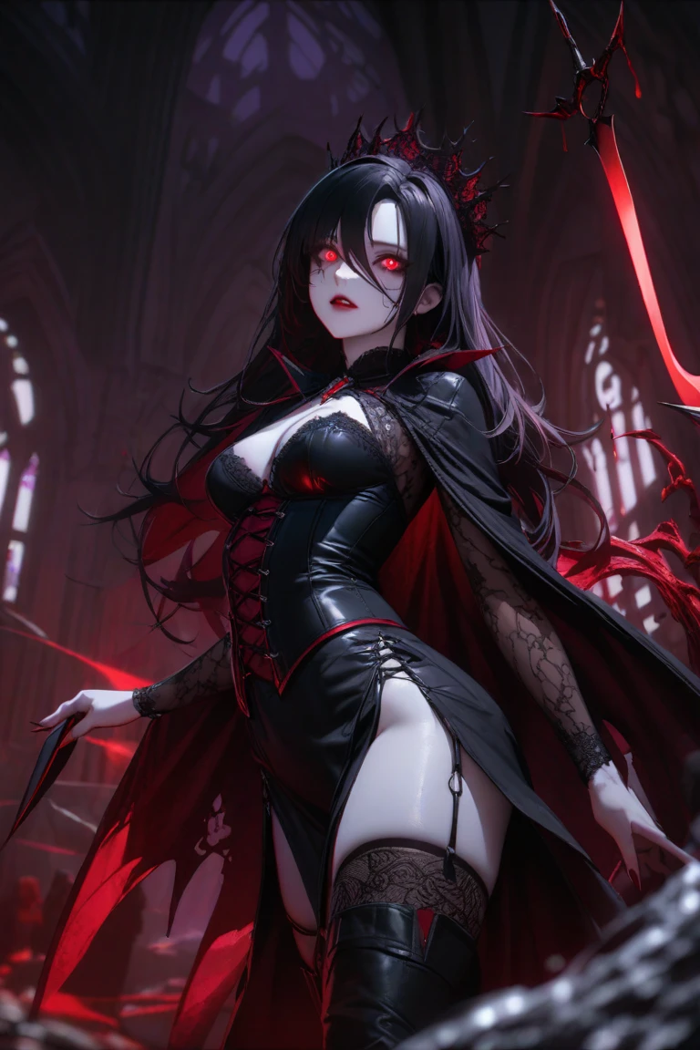 Vampire Girl , Masterpiece, ,(独奏:1.1), a perfect face, (vivid lighting:1.2),beautiful detail eyes, extremely detailed face, perfect  lighting,Masterpiece, Best Quality, 1girl, pale skin, hairlong, 20years old , red eyes, fangs, A glass of blood in his hand, Complex hairstyle, vampire fangs, open mouth, sharp teeth, vampire fangs, in full height , seductive position