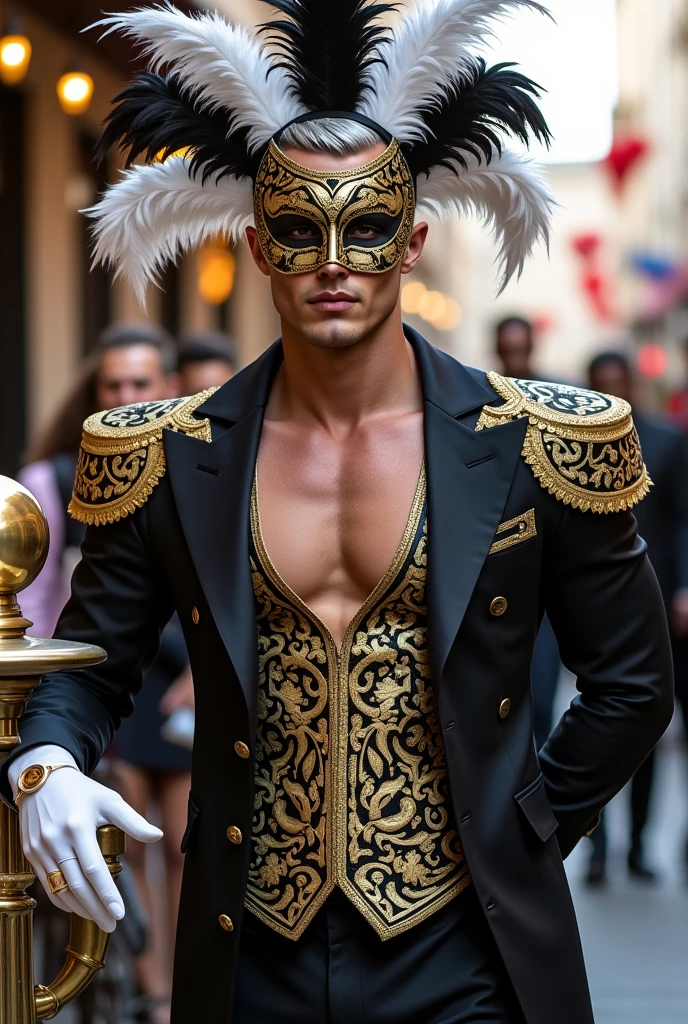 full body and head, shirtless handsome man, <lora:MasqueradeFashion:0.5> masqueradefashion, best quality, very detailed, ballroom background