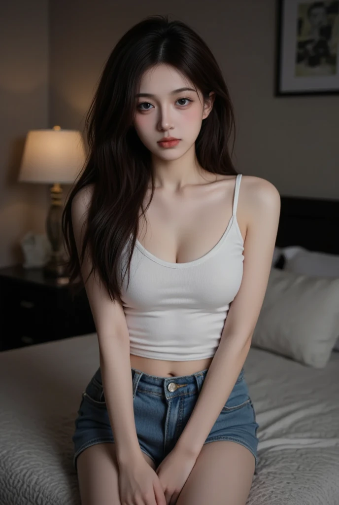 absurdres, RAW photo, extremely delicate and beautiful, masterpiece, Best Quality, ultra high resolution, 32k, hyperrealistic, ultra-detailed, perfect anatomy, super Detailed skin, perfect figure, Super Beauty, Perfect Style, Perfect balance, Beautiful Lighting, Perfect Lightning, Realistic Shadows, 20 years old, very Slim body, narrow waist, very small head, very small face, delicate facial features, handsome detailed woman, very detailed eyes and face, realistic face proportions, Realistic beautiful face, Realistic beautiful eyes, tearful mole, earring, very huge round breasts, legs, medium hair, asymmetrical hair, whole body shot, indoor, (t-shirt), crop top, skirt, sleeveless,