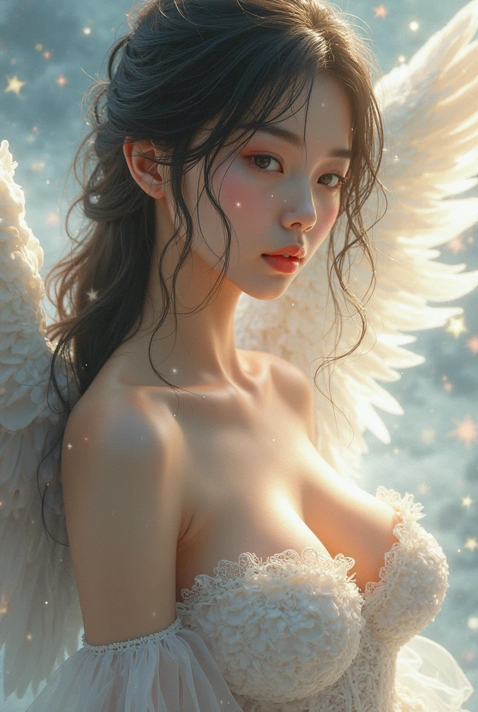 beautiful sexy asian angel, highly detailed fantasy angel, breast plumb, intricate angelic wings, glowing halo, ethereal expression, flowing robes, dramatic lighting, dramatic pose, serene setting, heavenly atmosphere, soft pastel colors, photorealistic, 8k, hyper detailed, cinematic lighting, masterpiece, digital art