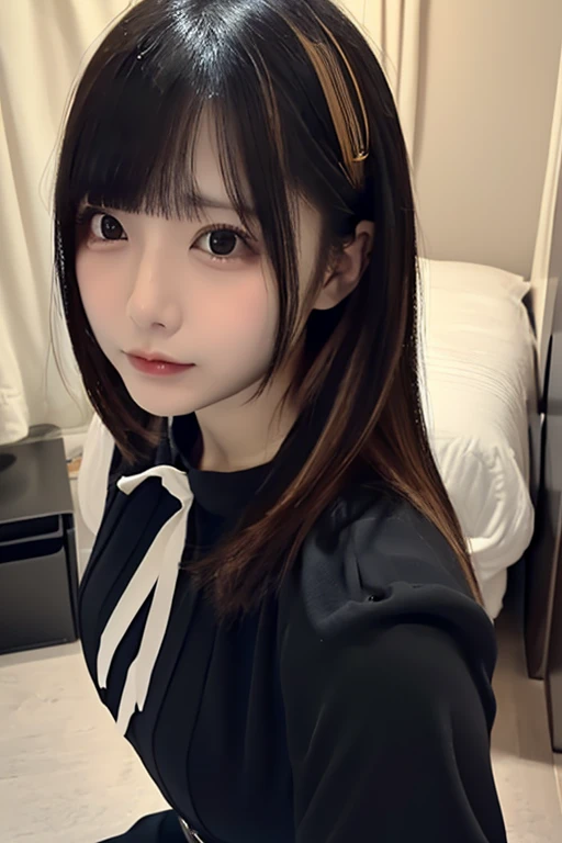 masterpiece, best quality,1girl, solo, black hair, realistic, looking at viewer, taking a selfie, black eyes, long hair, pajamas, bangs, living room, closed mouth, upper body, hime cut