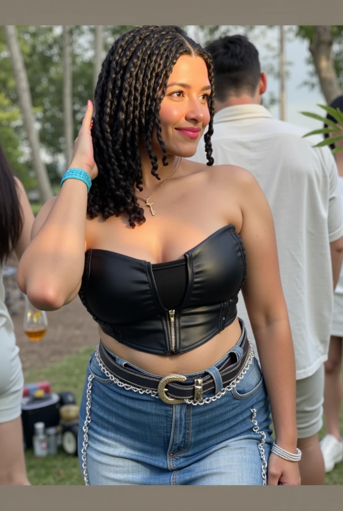 full body photography, instagram influencer, Latin woman, 37 years old, athletic body, big breasts, tanned skin, Long wavy brown hair with multiple small braids., hazel eye color. Wearing a white crochet babydoll dress, white shorts, cinnamon colored gamuza boots, ((mirrored aviator sunglasses)). The background is an open-air music festival., main stage, dance pose.