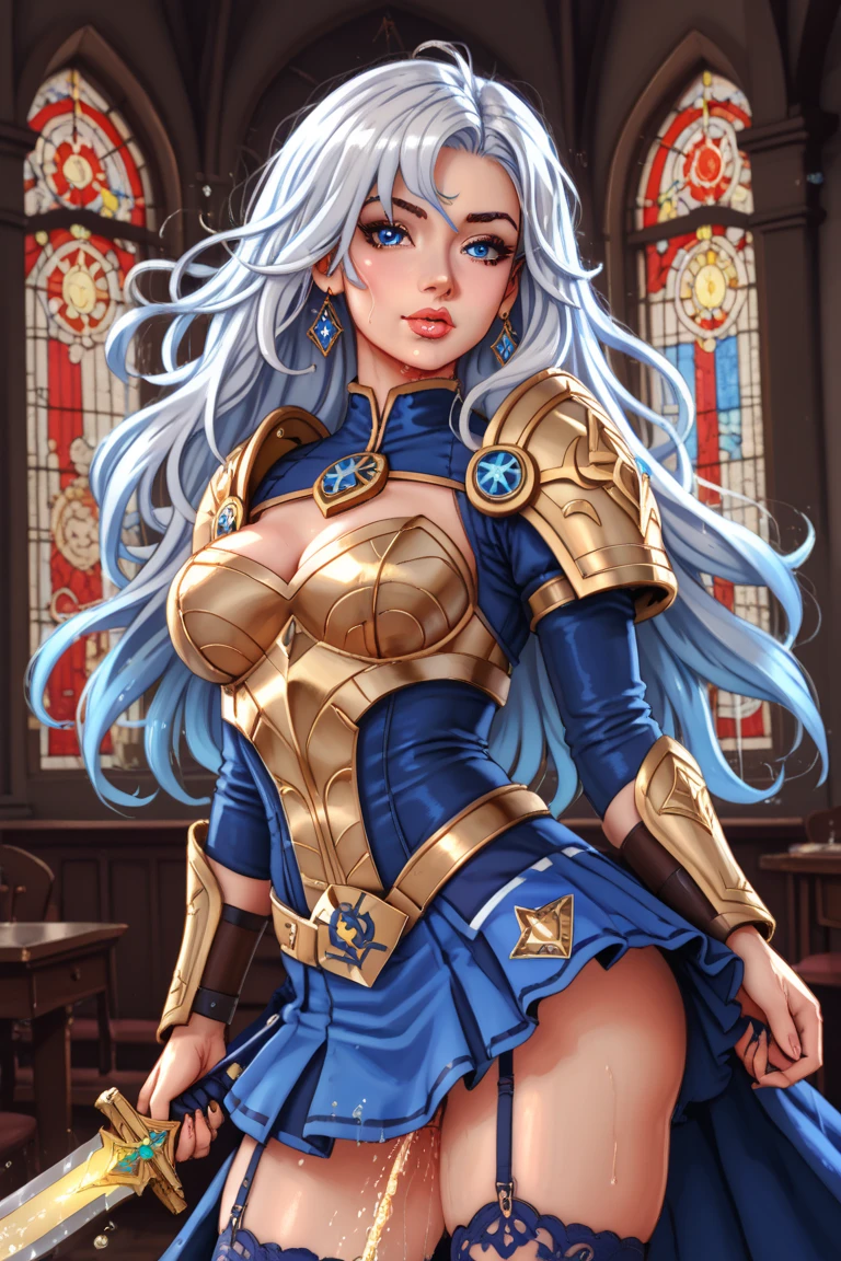 (extremely detailed CG octane render 8k wallpaper) (Detailed face:1.2), (Detailed eyes:1.2), (Detailed pupils:1.2), (detailed skin:1.3), (Textured skin, skin pores: 1.1), medieval setting, 1girl, solo, masterpiece best quality, 26 year old Scandinavian woman, beautiful face, Golden hair, bright blue eyes, pale skin, large breasts, dark blue dress, cleavage, exposed shoulders, silver tiara, white stash, a Full Shot body portrait, looking at the camera, full dynamic color, Intricate, High Detail, Sharp focus, dramatic, photorealistic painting art by greg rutkowski