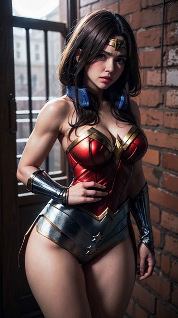 (Wonder Woman DC comics), Upper body shot, portrait photography, high contrast, vibrant colors, neon at night lights, best quality, masterpiece, sharp lines, 1girl, solo, looking at viewer, Best Body Suit Wonder Woman with mini skirt, superhero style, tiara, ponytail hair, black hair, fight pose, thunderstorm, cape, outdoors, city, sky, clouds, detailed face, detailed eyes, detailed hair,