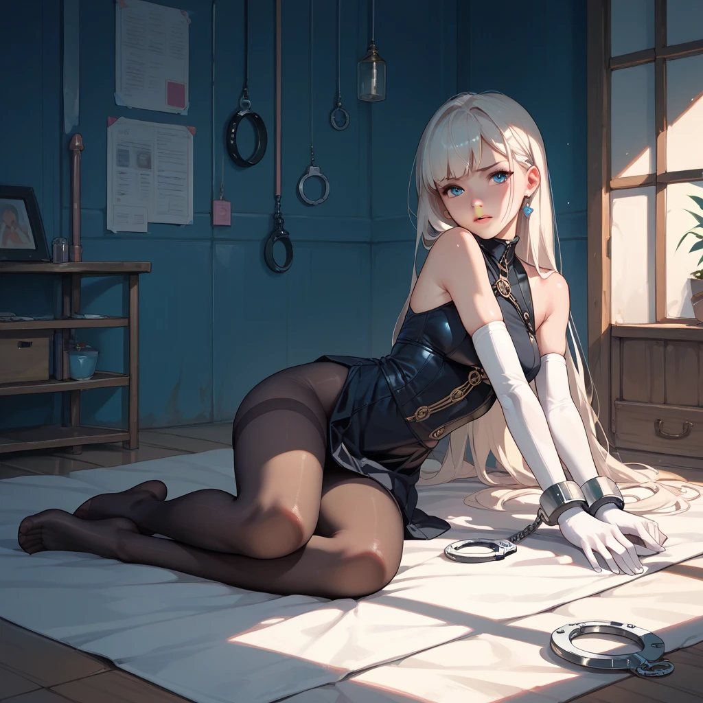 a girl, young, slender and small body, hair color, platinum, light blue eye color, pale white skin color who wears a long dress this dress has a black and white striped pattern the stripes are thick and alternate in a horizontal pattern she has details of chains and handcuffs all over her body she has a black cap on her head, she wears long socks NSFW