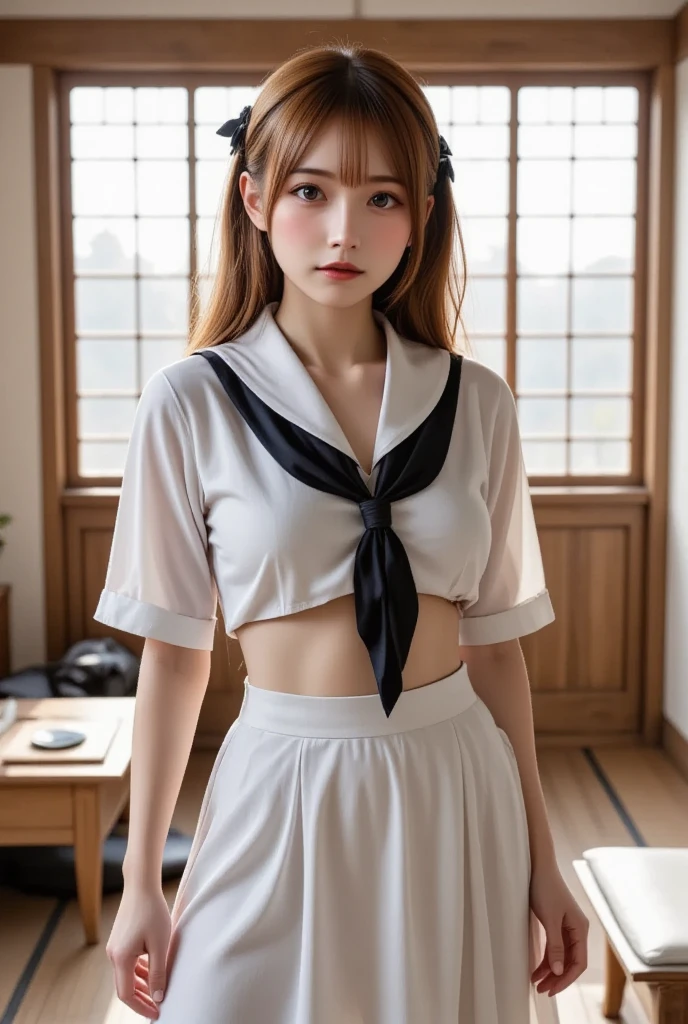 ((White short sleevesセーラー服、女子White short sleeves水兵服))、((Summer clothes、White short sleeves、Navy blue pleated mini skirt、Red ribbon、I can see your belly button))、1 girl、21 years old、Tight Abs、Slim body、masterpiece:1.3、Highest quality、Raw photo、Bob Hair、Brown Hair、Big Breasts、