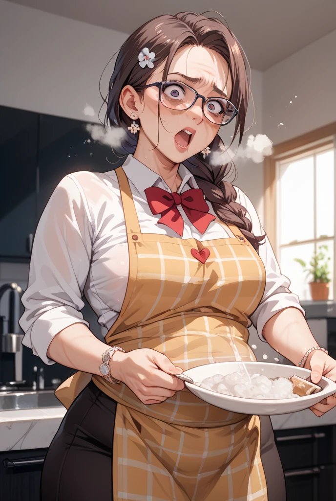NSFW, (masterpiece, top quality, best quality, highly detailed:1.6), anatomically correct, (full body), wide shot, long shot, (standing:2.9),(barefoot, Woman standing on a puddle of urine:1.5),(indoor, kitchen:1.7), (leaning forward,close knees, hands between legs, pee running down legs:2), (Touching crotch with hand, holding crotch, Hold the urethra and hold in your pee:2.5), (rubbing knees together, pee running down clothes, pee running down legs:2.5), (((clutching crotch))), (Pee flows down thighs and calves like a waterfall:1.5) strong facial expression, (ecstasy:2), (slut:1.2), (vulgarity:1.3), (fucked silly:1.1), (sharp eye:1.2), (scowl:1.1), (embarrassed,blush:1.8), (steam:3), (Wet:1.1), (sweat:1.1), (trembling:1.3), (open mouth, wavy mouth:1.4), (clenched teeth:1.7), (drooling:2), (closed eyes:2), (tears:2.5), (one eye closed, wink:0.2), (bravery crying, sobbing:1.5), (shoot from front:1.2), (Pencil Skirt:2), (light blue denim skirt, too micro mini pencil skirt:2), (ribbed sweater:1.9), (glasses:1.8),(pink slippers:1.5), (long hair, low ponytail,dark brown hair:1.8), (woman trembling with sexual climax:1.5), (Be incontinent:1.5), colorful, perfect composition, urination, incontinence, piss, peeing self, (((pee stream))), (pee puddle), wetting herself, pee stain, large breasts, Yellow pee, ((leaking pee)), puddle of pee, Pee at your feet, Pee spread on the floor, Pee stains, Dripping pee between my legs, Feet wet from pee, Pee-covered feet, Pee at your feet, want to pee, about to pee, Full bladder, Pee-soaked skirt, natural makeup,