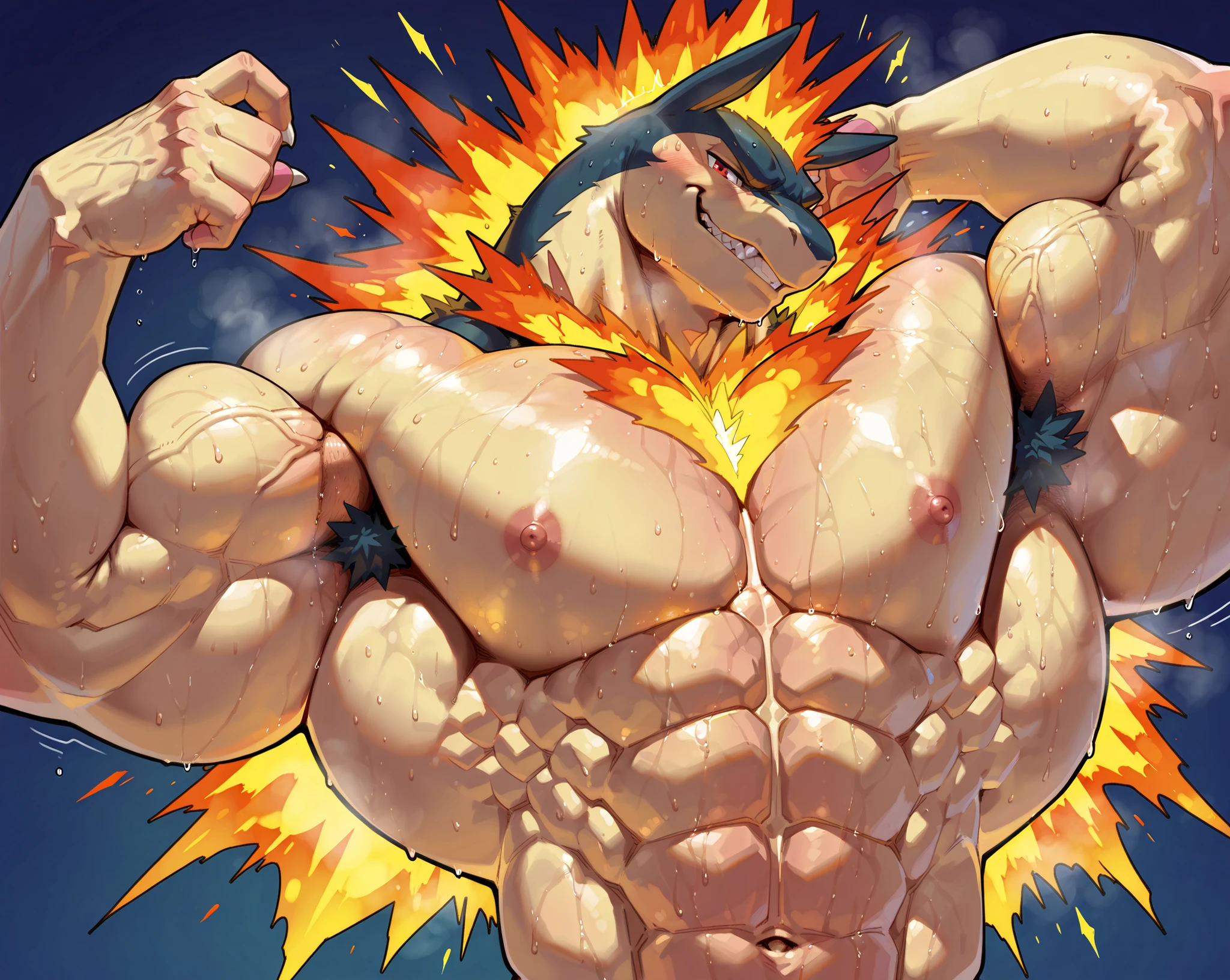 (((best quality, high resolution, masterpiece, best quality, detailed face))), far shot, 1boy, muscular male, sweaty, masterpiece, depth of field, baseballplayer, looking at viewer, (((crossed arms))), laxus_dreyar, yellow hair, chest tattoo, yellow lightning, spark, grin, dynamic pose, ((( pregnant belly))), (((Extra large up bulges penis dripping alot white semen))), (((nude)))