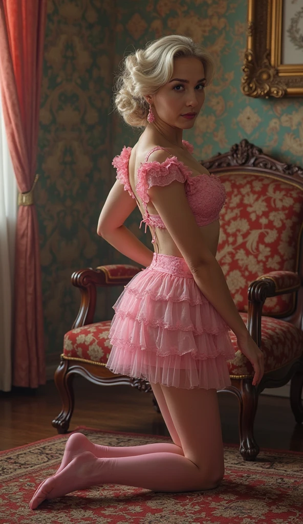 a beautiful girl standing in a French boudoir wearing pink ruffle bayley bloomers and blood red corset, nude, Sam Haskins, explicit, erotic, having sex, touching her vagina, masturbate, side view, soft lighting, candid photo, candid photograph, candid picture, hair covering her eyes, looking down, candid image, looking away from the camera, candid photography, shy girl, faint smile, candid picture, looking away, dark room, side lighting, night time, dim lighting, looking away from the camera, very sexy pose, inviting pose, inviting for sex, seductive pose, very attractive, breathless pose, hand touching her pussy, deep cleavage, sexy face, bright light, backlighted, curvy accentuated booty, cleavage enhancing breasts, very large breasts, deep cleavage, erotic pose, sensual pose, seductive pose, (messy bob hairstyle, white blond hair color), messy hairstyle, messy bob, messy hairstyle, white blond, 5 foot 3 inches tall, 110 pounds in weight, 34G breasts, large firm round breasts, very large breasts, cleavage, photorealistic, 4K, 8K, UHD, long shot, side view, nsfw
