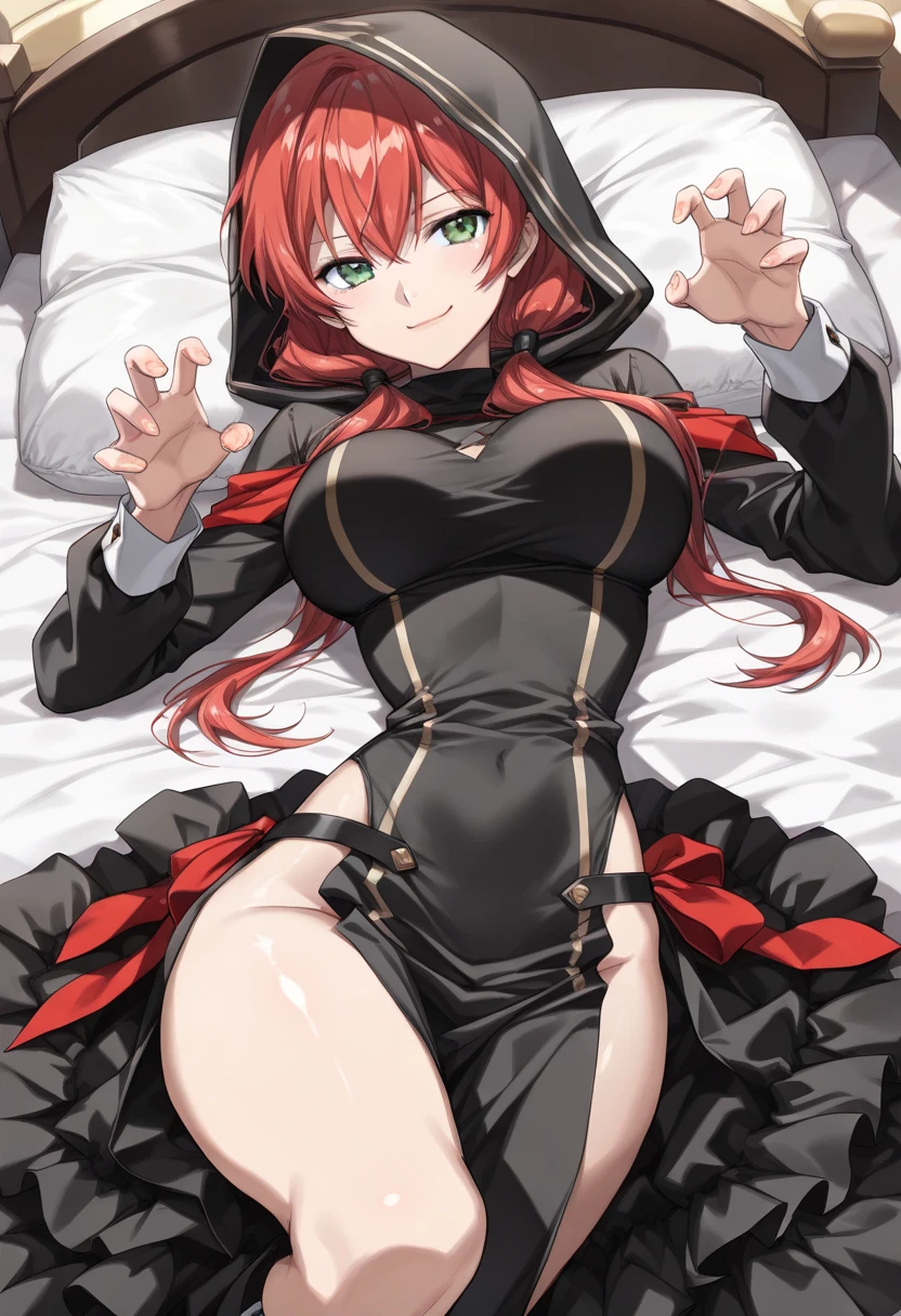 Highly detailed, High Quality, Masterpiece, beautiful, 1girl, solo, BubblesDandonfuga, blue eyes, hair buns, toned, tan,, pink hair, bunny_girl, thighband pantyhose, animal ears, fake animal ears, leaning forward, cleavage, sweat, seductive smile, bed, on bed, crawling, all fours, pov.pin hair,black latex suit