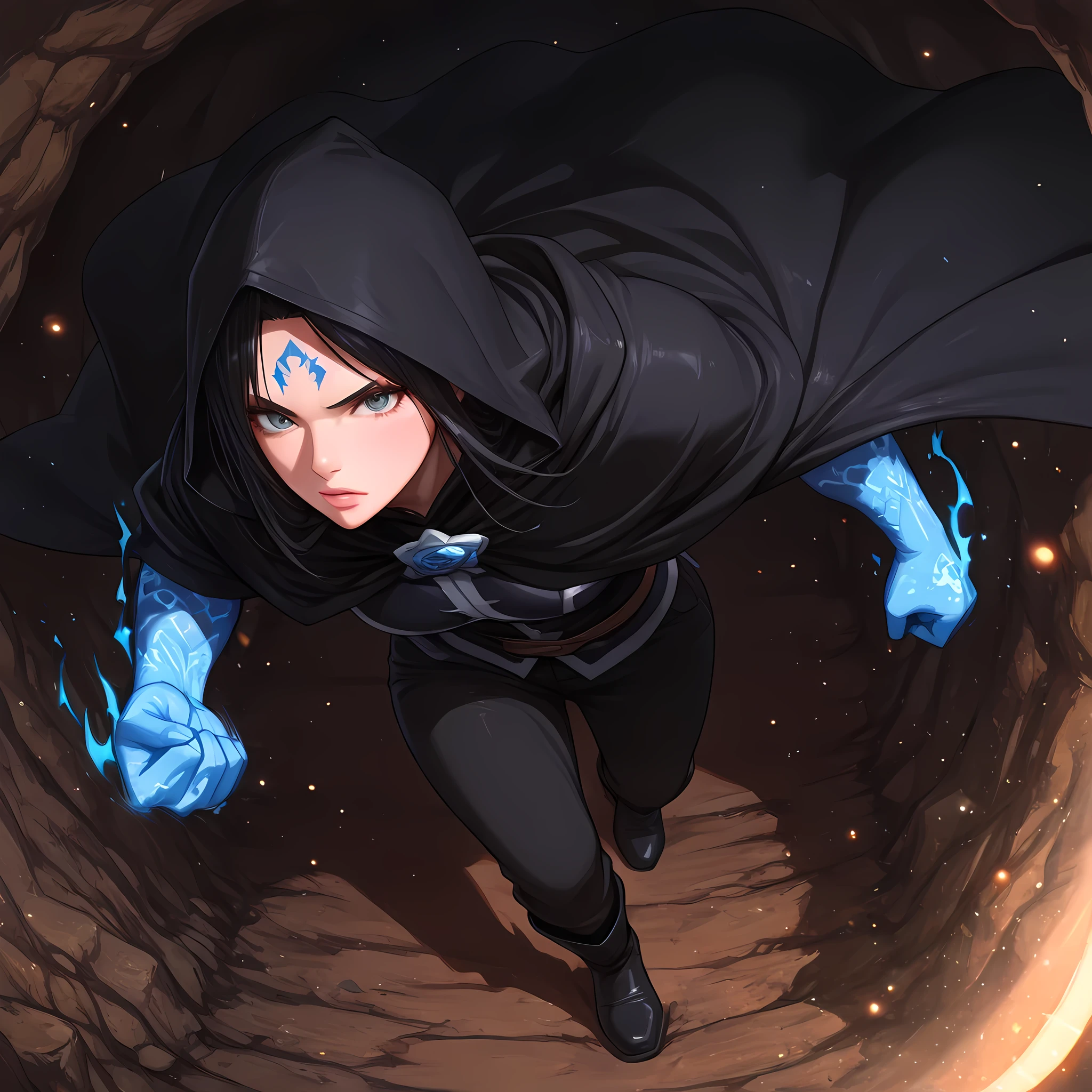 ((Tracking shot, Cinematic zoom-in, Motion Blur, high side angle, Overhead spotlight angle, front punchs, front flying punch to cut the wind):1.2), ((masterpiece, epic action, best quality, ultra realistic, rich facial details, rich scenery details, full HD, 8k, ultra detailed action scene of a black mage walking towards a black dragon):1.2), cinematic composition, 85mm DSLR lens, shallow depth of field, volumetric light:1.05, moonlight rays:1.05, black sword flame light:1.2, ambient light:1.2, glow:1.2, lens flare:1.2, {Zeref from Fairy Tail and Acnologia}:(man walking in a dark and damp cave, man adjusting his black cloak to the side with his hand, messy dark black hair, messy bangs, gray eyes, black cloak with rips at the ends, black hood, strong body, black long pants, dark blue leather boots, blue dragon symbol on forehead, blue rose tattoo on arms, wizard outfit, blue aura around body, blue flames on hands), ((detailed textures, bokeh, night atmosphere, light centered on wizard in the darkness of cave, atmospheric blur, walking towards a black dragon flying away from the cave, apathetic expression, dragon flying in the middle of the cave, looking authoritatively, blue circular eyebrows):1.10).