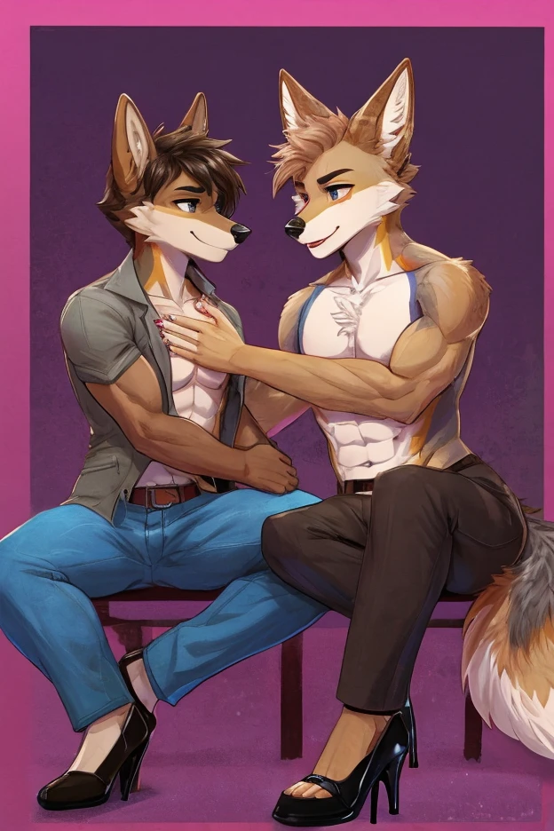 ((Best quality, masterpiece, detailed anatomy, detailed eyes, detailed hands, perfect lighting, perfect shading.)), by Bebebebebe, by K0bit0wani, by Zackary911, 1Male, duo, submissive male husky, male husky, dominant male, standing sex, anal sex, anal penetration, from behind, erection, smirking, Pitbull, white furs, dark blue eyes, big muscular body, adult body, nude, canine penis, knot, sunglass, club bedroom,