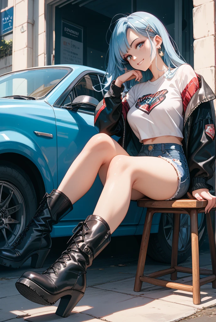 Bulma, Denim shorts, black pantyhose, sneakers