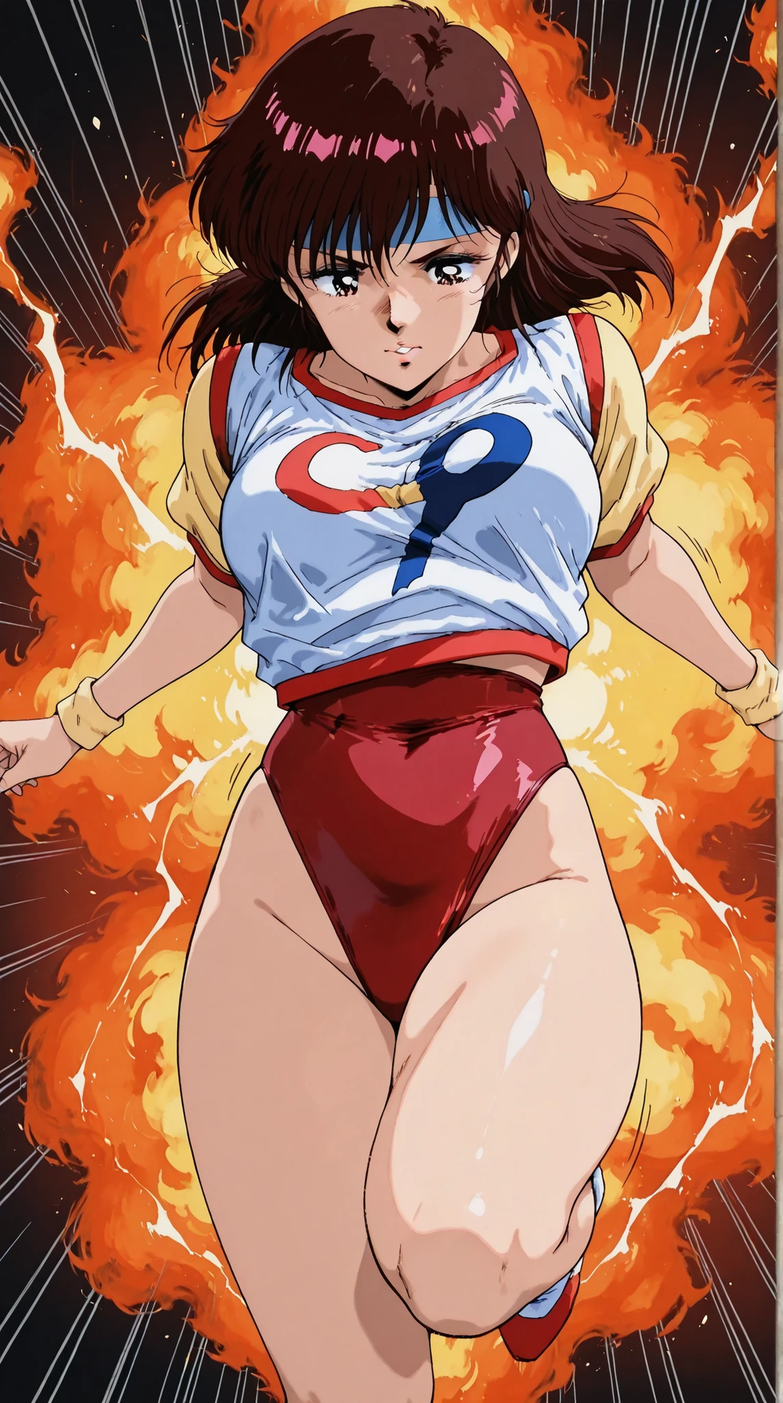 score_9, score_8_up, score_7_up, masterpiece, source_anime,1girl, (Takaya Noriko,dark brown medium hair,blue head band,red and white colored leotard,curvy ,age up,look down,30 years old),in a dynamic motion,(motion effect:1.1 ), ( jumping high , emphasis lines, flying, motion lines, motion blur,
fire,),fire effect,(background is a mbolt of lightning:1.3) , cel_mikimoto,1980’s anime style