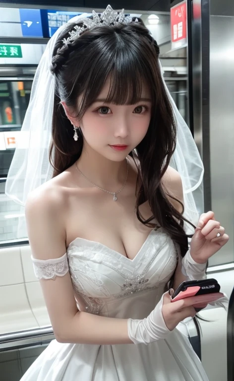 high resolution,
Close-up of beautiful bride wearing beautiful wedding dress,Gurwitz,(bridal veil:1.5),(Transparent short veil:1.5),Blushing face,Head flower,headgear,(tube top wedding dress:1.5),(strapless dress:1.2),(Strapless wedding dress:1.5),pure white dress,necklace,earrings,(large breasts:1.3),Bangs,lipstick,(lace gloves:1.3),Half-length photo,High detail RAW color art,Long white dress,
(China Street:1.3),
1 girl, 18 years old, (Long double ponytail:1.5),
(double bun hair:1.5), black hair