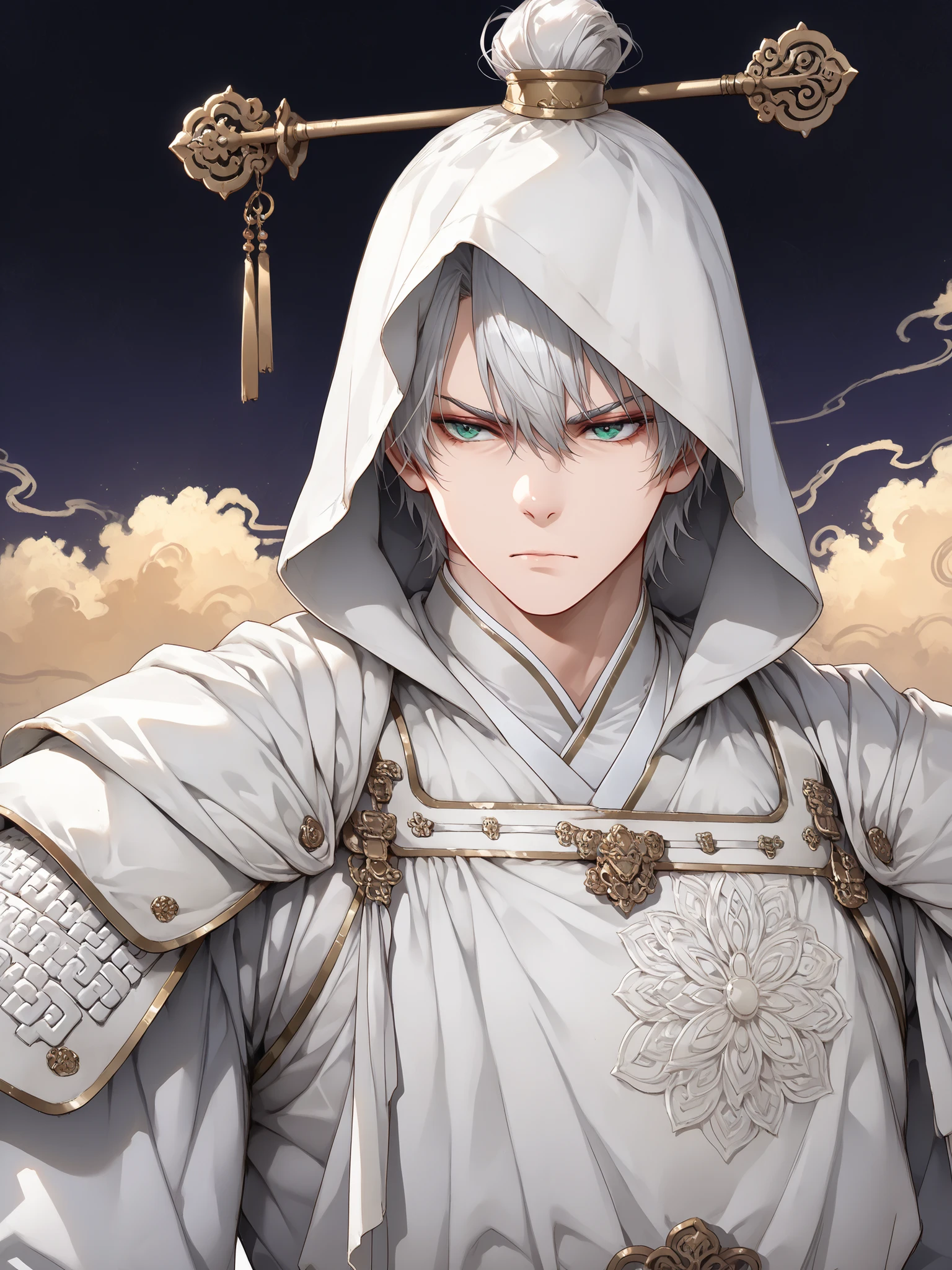 ((white clothing)), ((white hair)), ((wild hairstyle)), ((muscular build)), ((white hood over head)), ((serious expression)), ((chinese armor)), ((chinese warrior)), ((fair skin)), ((mature male)), ((midnight background)), 1boy, beautifully drawn, high resolution illustration, best quality, High definition, ((detailed anime sketch)), Masterpiece, (solo), absurdres, ((upper body)), ((short hair)), detailed background, fine detail, male focus, HDR,