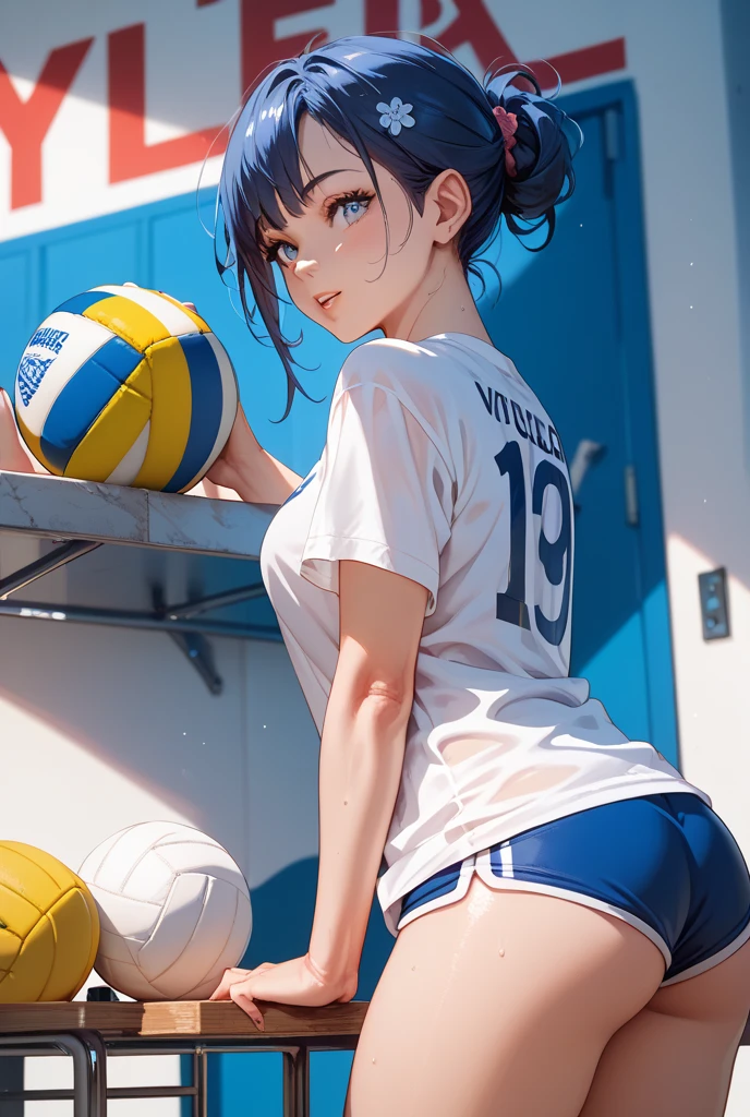 (Representative work: 1.2), (Best quality: 1.2), Solo, One girl, Shinobu little butterfly, happy smile, (volleyball uniform: 1.4), On face, Realistic eyes, Lilac eyes, Wet face, Black hair, (Loincloth: 1.4), t-back side binding, de costas para o espectador, olhando para o espectador, de baixo, nadegas a mostra, squatting de costas, from behind, squatting, virilha exposta, sexual expression, fangs