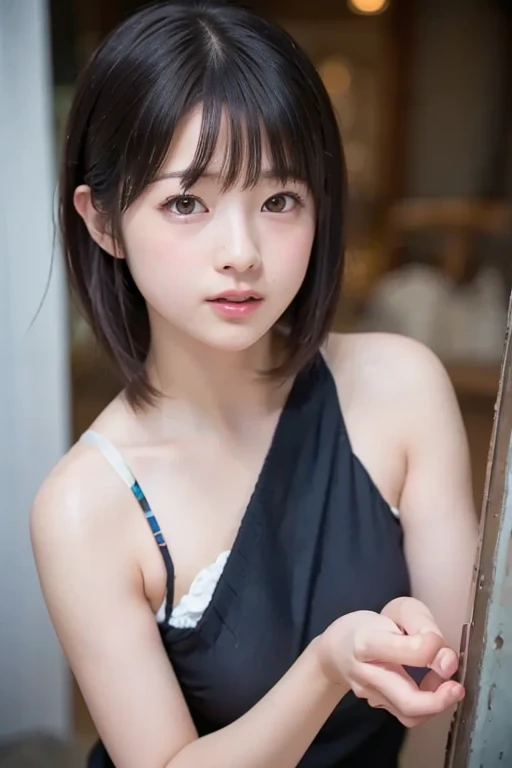 Flying debris, Highest quality, 8k, 8-year-old, 10 generations, Primary school students,Young Face,RAW Photos, Confused, Award-winning portrait, A shy smile, alone, (At night:1.8), Idol's face, Delicate girl,Slender body, Upper body, Digital SLR, Looking at the audience, Frank, Sophisticated,Thin arms, Slim body,Tap on the shoulder,Professional Lighting, Film Grain, chromatic aberration, (Small eyes and face:1.0),(Red cheeks:1.2) ,((naked,Exposing the breasts,tits:1.2)) ,Shut your mouth. , Black Hair , Shortcuts,bangs,Droopy eyes , Moderately large breasts,valley,Knitted Products ,texture,shoulders protruding,(Drop shoulder:1.2) , Tight clothing, (No shoulder strap:1.0) ,(((胸のvalley間:1.2))),(Take off your clothes and show me your breasts:1.5)