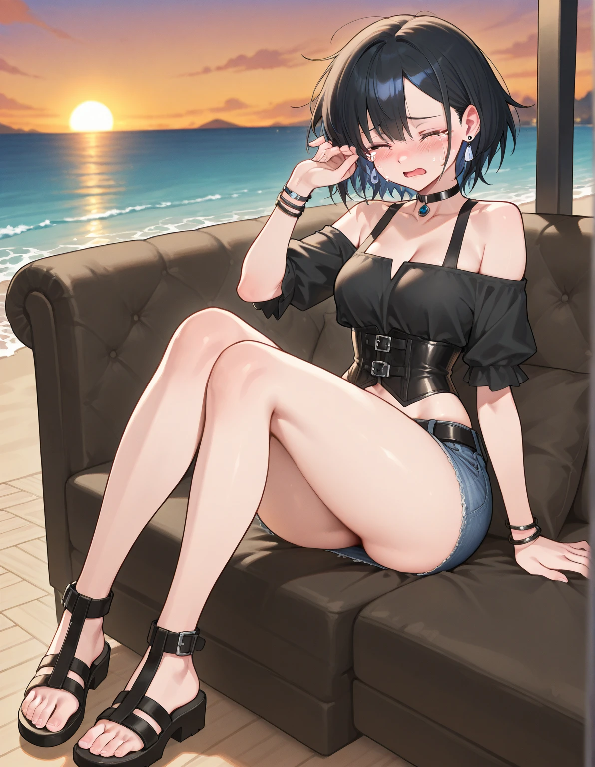 beautiful, (masterpiece), best quality, (extremely detailed face), extremely detailed eyes,  perfect lighting, OverallDetail, detailed, deep skin,textured skin,
, <lora:KyokaJirou-01:0.8>,Jirou,, black jacket,bikini, sand, beach, sun,covered nipples, high heels, shy, full-face blush, 
sitting on stool,spread legs, cameltoe,