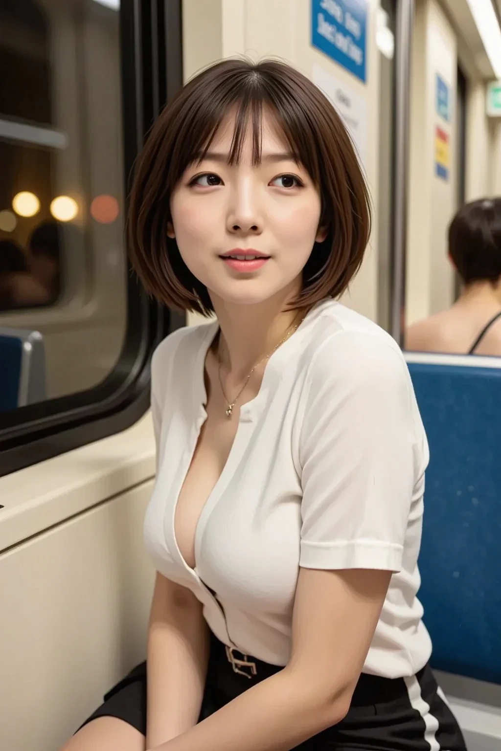 (masterpiece、Highest quality、8k、RAW Photos、beautiful:1.2)、Exquisite detail、indirect lighting、Genuine、whole body、sit in a train seat、Gazing at the audience、Large Breasts、(Short Hair)、(Open neck blouse)、{1 Japanese business lady:Glowing Skin}、Ultra-high resolution、8k、Bokeh、Sharp focus、Ultra detailed face、、{{thin,beautiful足を開く}}、(Center of chest)、Very fine eye、White pants are visible