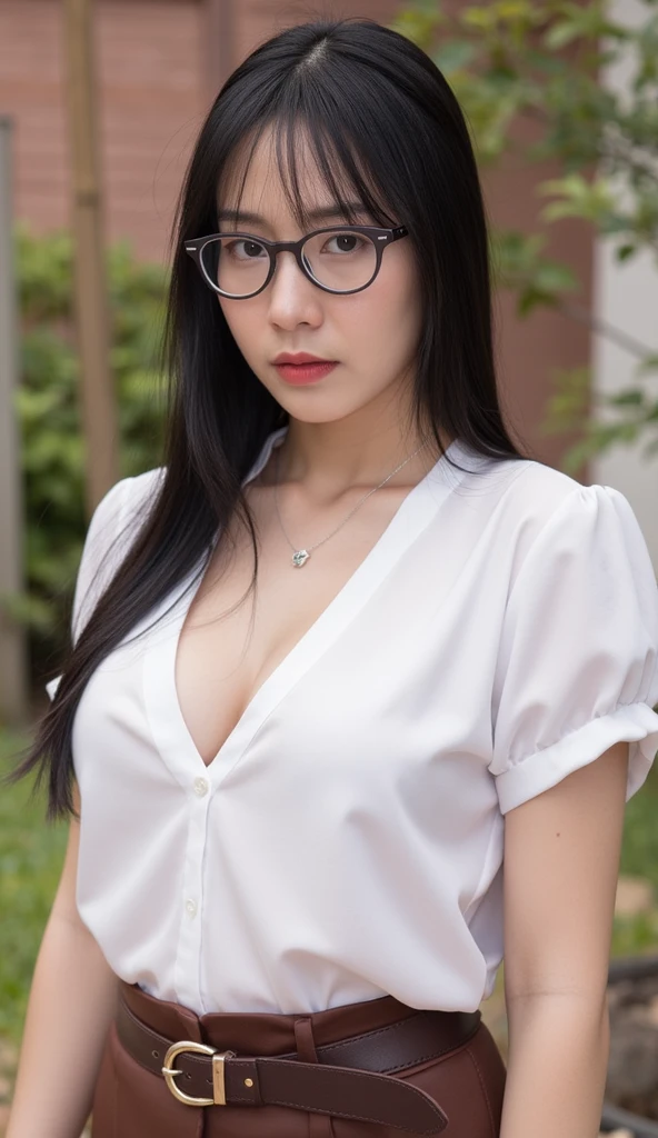 masterpiece, ultra realistic, 32k, intricate details, sharp focus, realistic, closed mouth, whole body, shiny skin, seductive smile, seductive pose, black eyes, jewelry, glasses, lips, realistic, looking_at_viewer, irene1, wet skin, shiny skin, long sleeves, Indonesian nurse, hospital, hospital garden, cityscape, dynamic pose, ((white nurse outfit)), full body, busty body, curvy body, long hair, Beauty face, cowboy shot